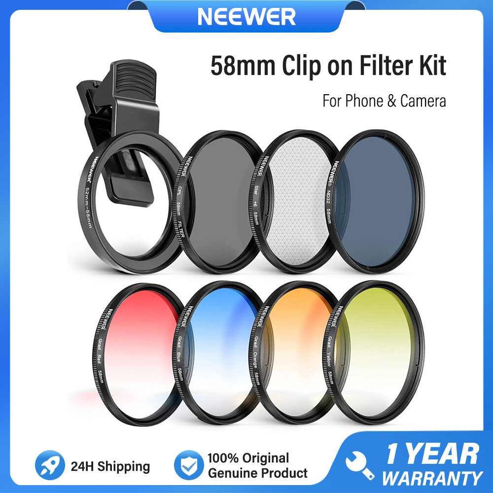 NEEWER 58mm Lens Filter Kit with Mobile Phone Lens Clip, CPL, ND32, Point  Star Filter, for iPhone 16 15 14 Pro Max Samsung S25 S24 S23 Ultra Canon