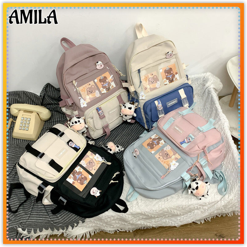 AMILA Contrast color backpack ins backpack college student Korean version backpack large capacity middle school student schoolbag girl schoolbag