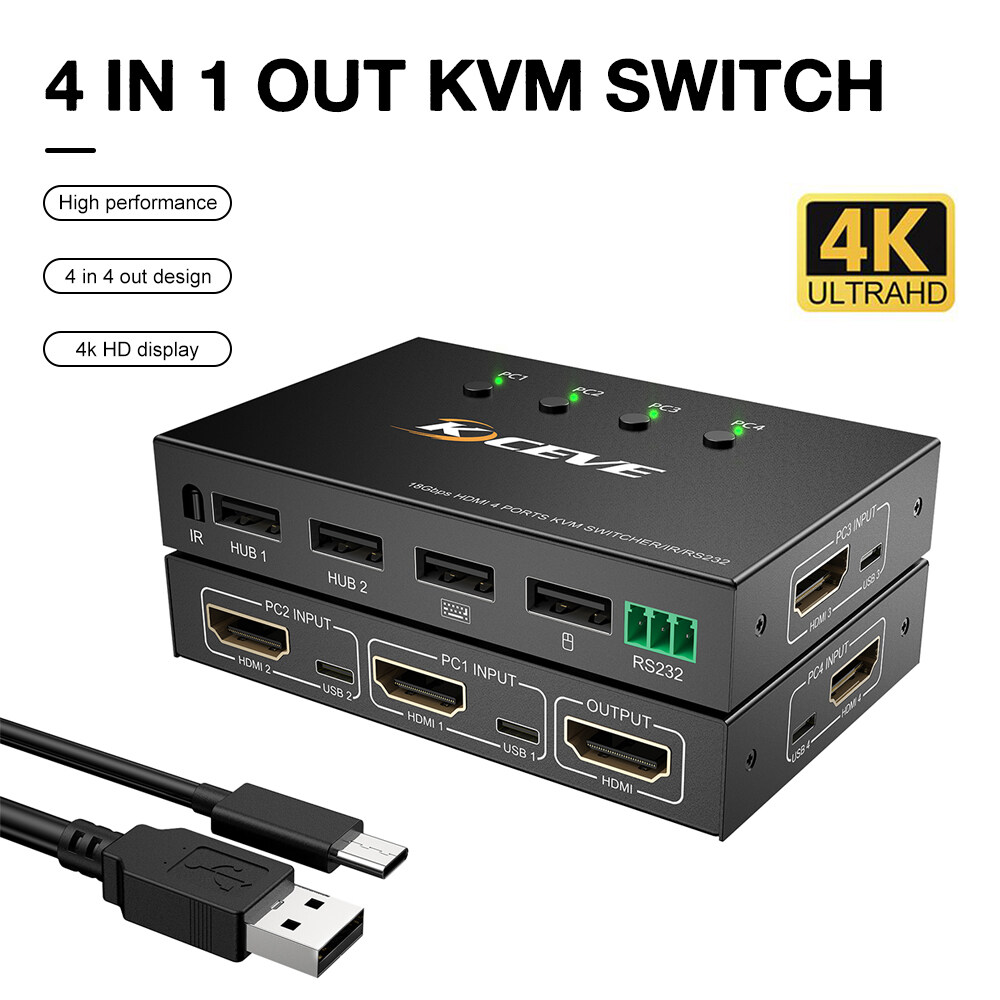 Winstong Tech 4พอร์ต KVM Switch HD 4K เครื่องสแกนเนอร์ USB KVM Switch 4
