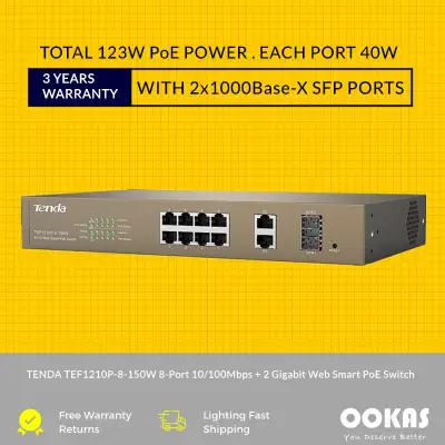 TENDA 8-Port 10/100Mbps + 2 Gigabit Web Smart PoE Switch TEF1210P-8-150W For CCTV, Surveillance IP Camera