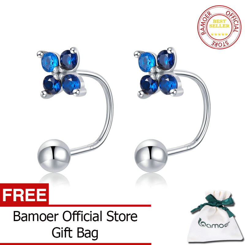 BAMOER Authentic Clover Blue Crystal Stud Earrings Four Leaf Clover Earrings Hoops for Women Engagement Jewelry SCE1177