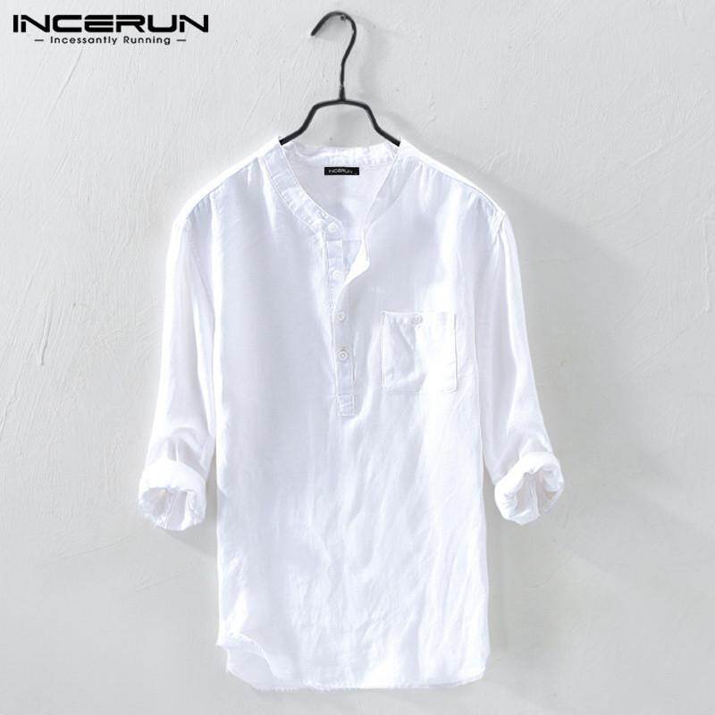 Medussa INCERUN Plain Casual Mens Summer Linen Shirts V-Neck Top Tees
