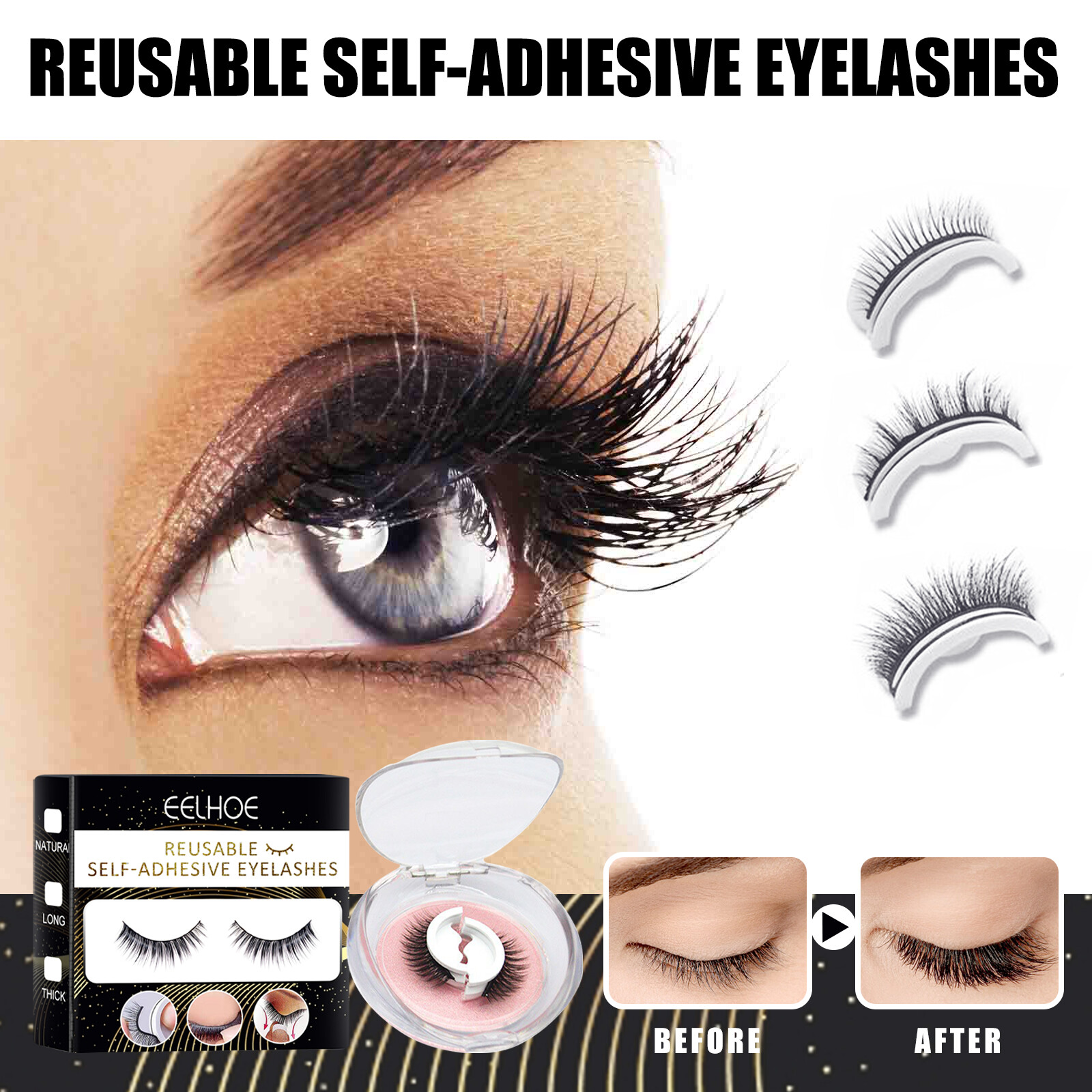 【Hot Sale】Eelhoe Reusable Self-adhesive False Eyelashes Natural  Long Thick Multiple Reversible Self-adhesive Free Glue 3D Fake Eyelashes Professional Non Irritating Comfortable Reusable Cosmetics（1Pair）