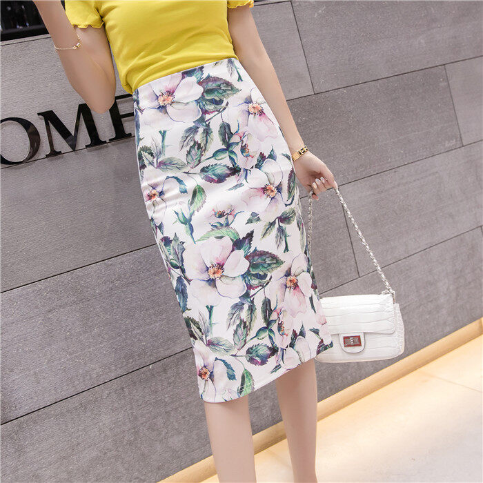 Ready Stock Women's Pencil skirt Geometric Print High Waist Slim Midi Skirts