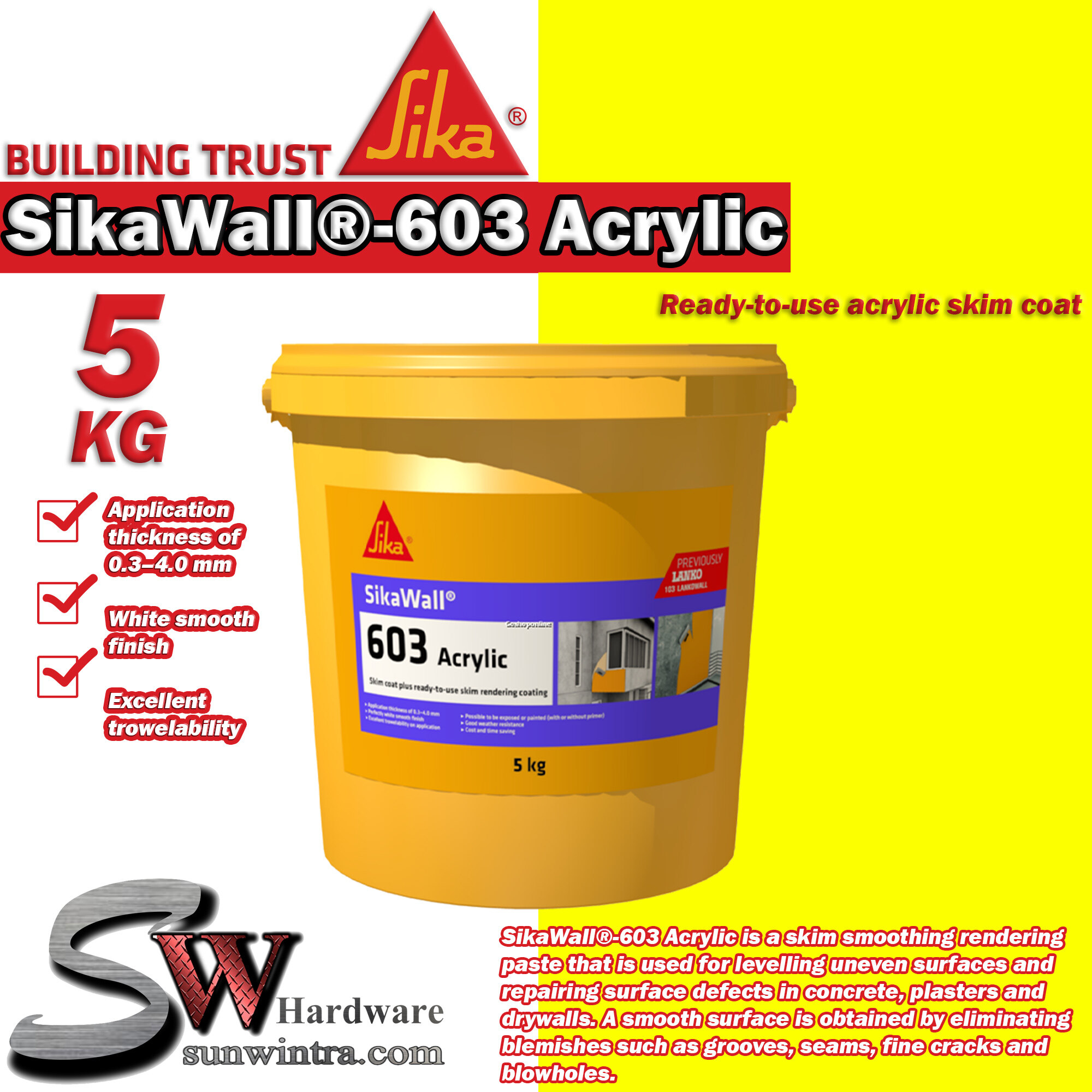 Sika Kg Sikawall Acrylic Ready To Use Acrylic Skim Coat Sika Wall Sikawall Lazada