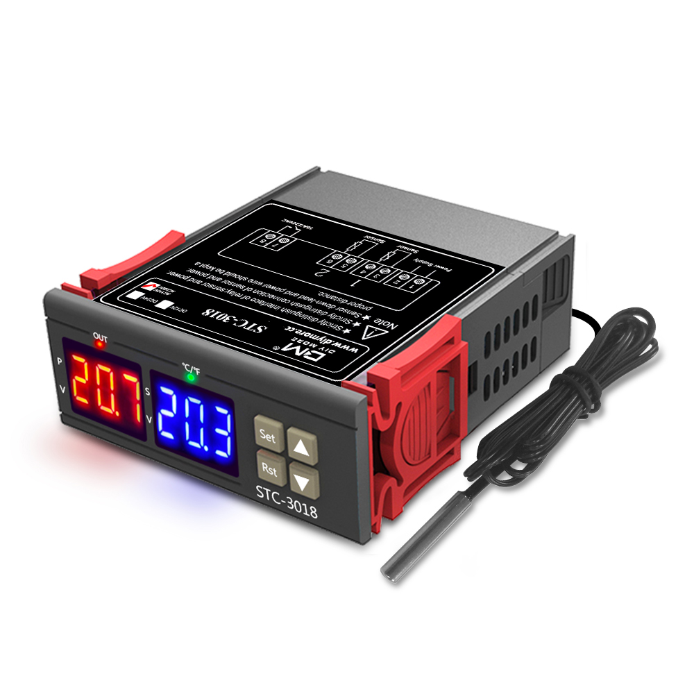 VOKTTA Bộ Điều Khiển Nhiệt Độ Chính Xác Cao STC-3018 Bộ Điều Nhiệt Màn Hình Kỹ Thuật Số Cảm Biến NTC AC110V-220V Phạm Vi Kiểm Soát Nhiệt Độ-55 ℃ ~ + 120 ℃ Đầu Ra Rơ Le
