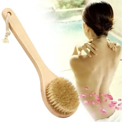 Natural Bristle Wood Long Handle Dry Skin Brush Body Bristle Bath Massager Scrub