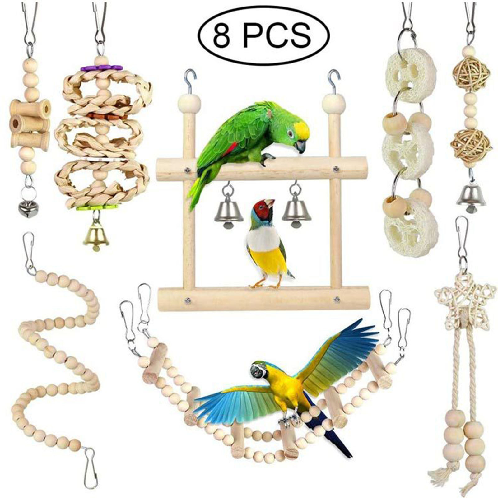 huanhuang® 8Pcs/Set Pet Bird Toy Wooden Beads Ball Bell Swing Chew Wood