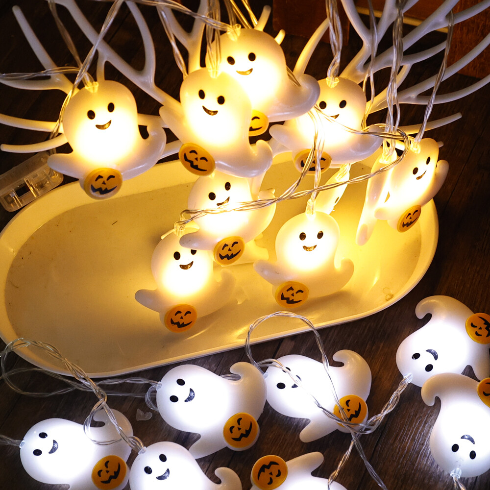 2m 10 Lights Cute Ghost Pumpkin LED Light String White Light Warm Light Halloween Atmosphere Decorative Light String Battery Powered