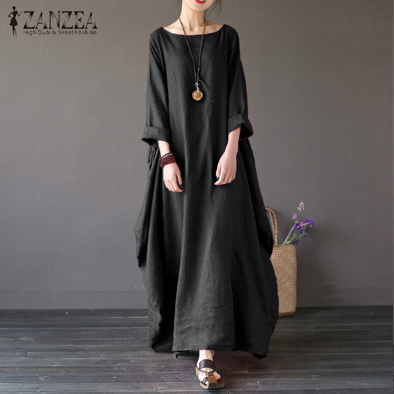 Rulfepy ZANZEA Women's Batwing Sleeve Shirt Dress Oversize Cotton Maxi Dress Full Length Dress