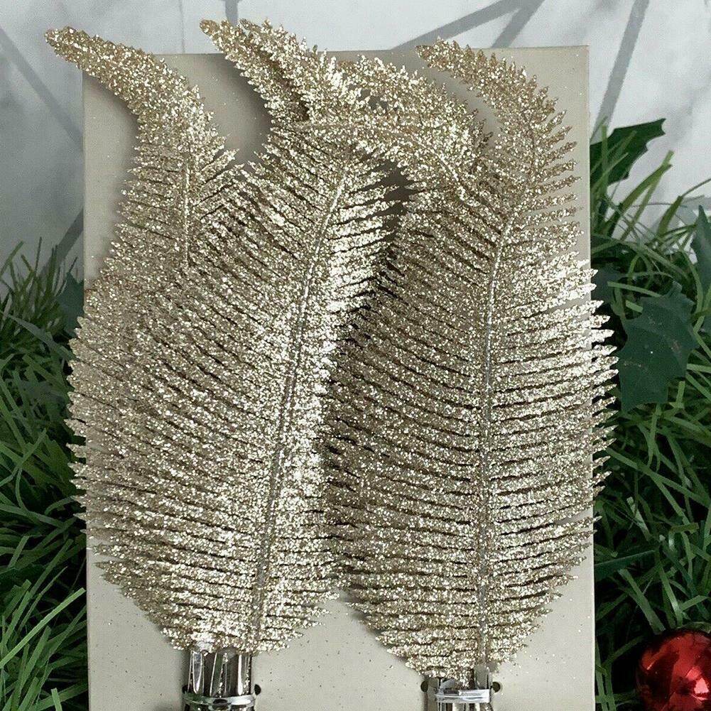 【Dizoey】 6Pcs Decorative Tree Feather Leaf with Clip Gold Silver Shiny Leaf Decoration