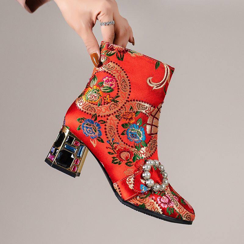 New Chinese Style for Women's Boots Embroidered Booties High Heels Women's Shoes National Style
