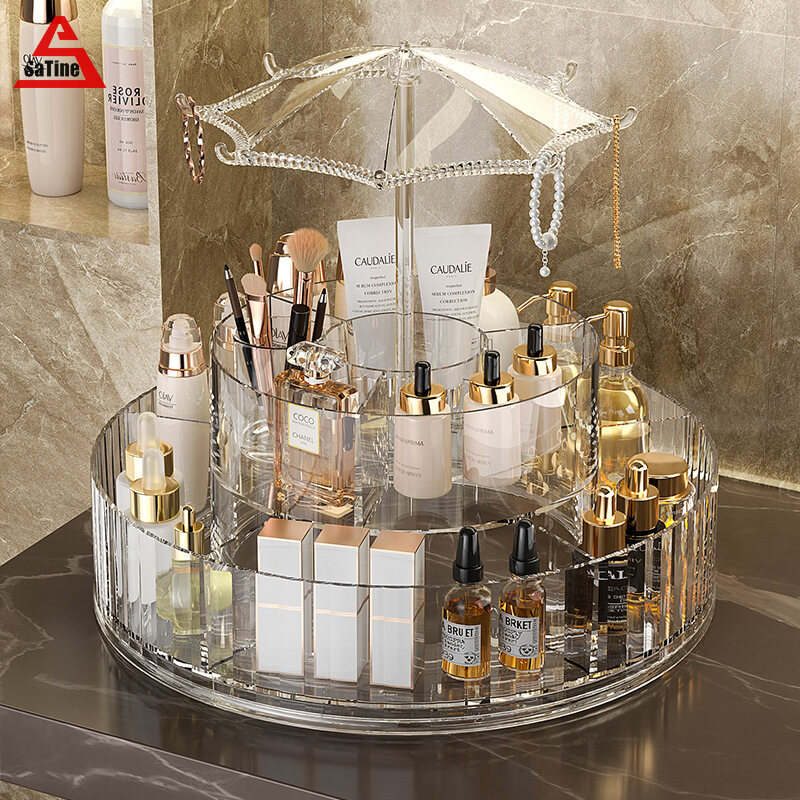Cosmetics storage box, transparent large capacity rotatable palette, makeup brush barrel, dressing table, lipstick, skin care product shelf