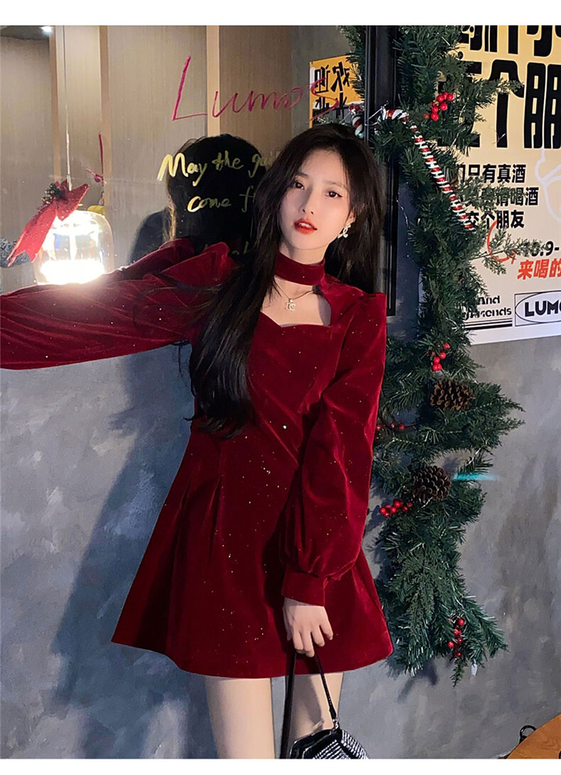 IEF Women's Dresses Square Neck Dress Red Gold Velvet Dress New Year's Red Long Dress