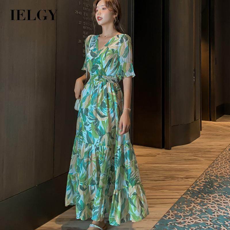 IELGY green dress women's floral long dress V-neck high waist slim