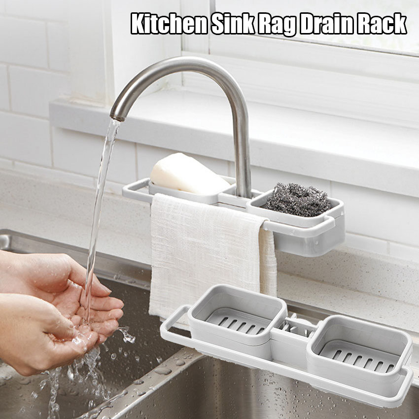 Kitchen Sink Faucet Dish Plate Drainer Soap Cloth Sponge Storage Rack Shelf Adjustable Buckle Tray Organizer Holder Shelf Durable Kitchen Tools