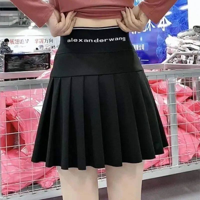 Señorita Korean Version of Pleated Skirt Women 2021 New High Waist A-line Skirt Black Four Seasons Skirt Elastic Waist Slimming Anti-light Skirt