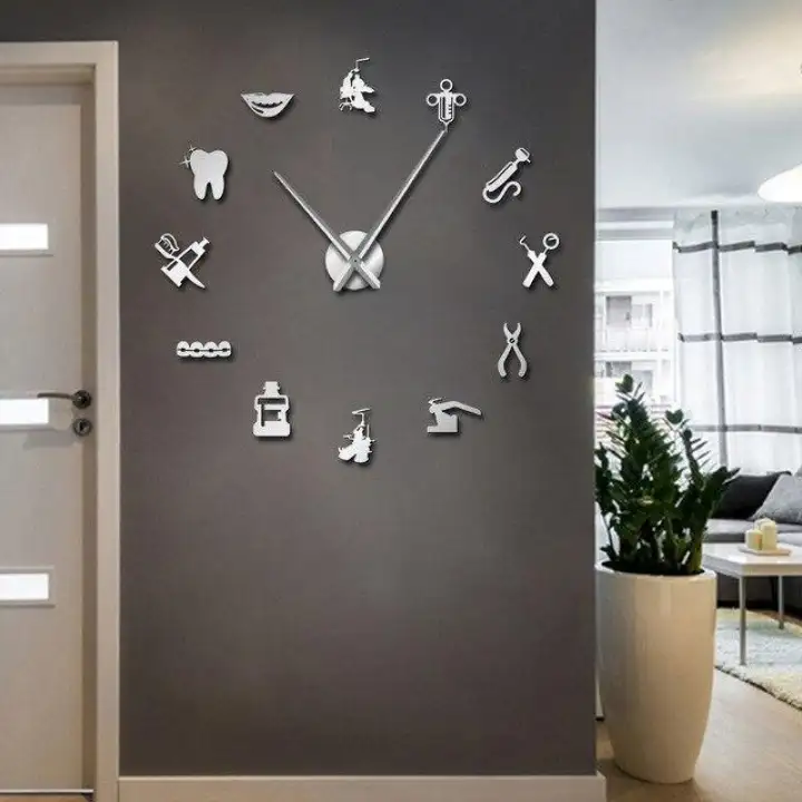 Dental Hospital Silent Wall Clock Dentist Frameless Diy Acrylic 3d Mirror Watch Tooth Modern Design Oversized Time Wandklok