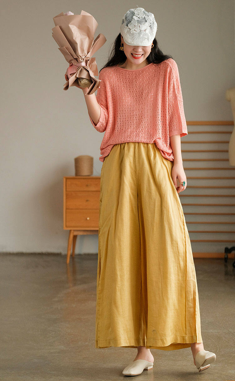 WhiteTime Candy color elastic waist high split pants Xiaoxiangfeng really wears good-looking five stars high-quality casual linen wide-leg pants women's nine points 301P0036