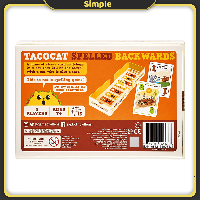 Nổ mèo con tacocat đánh vần backwords trò chơi với bàn cờ phiên bản tiếng anh 2 người chơi 7 phút trò chơi