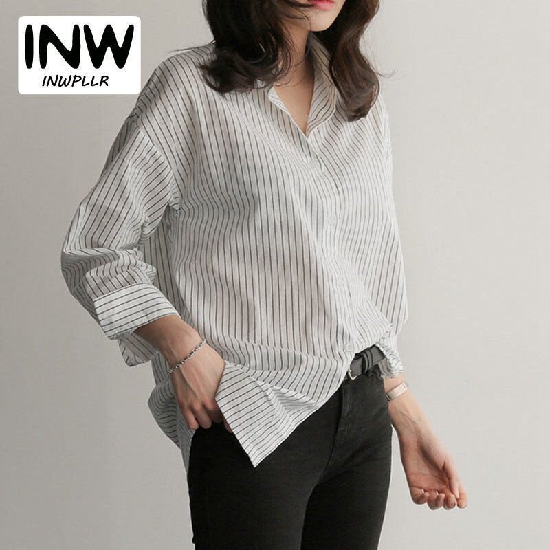INWPLLR Female Fashion Striped Tops All-match V-Neck Long Sleeve Shirts Autumn Wear Chiffon Blouses Women's Classic Casual Tops
