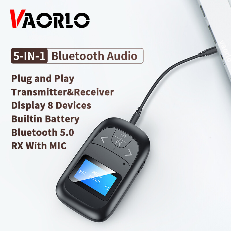 VAORLO 5-IN-1 Bluetooth 5.0 Audio Receiver Transmitter With LCD Display Mic Handfree Calling 3.5mm AUX Stereo Wireless Adapter For Car T V PC