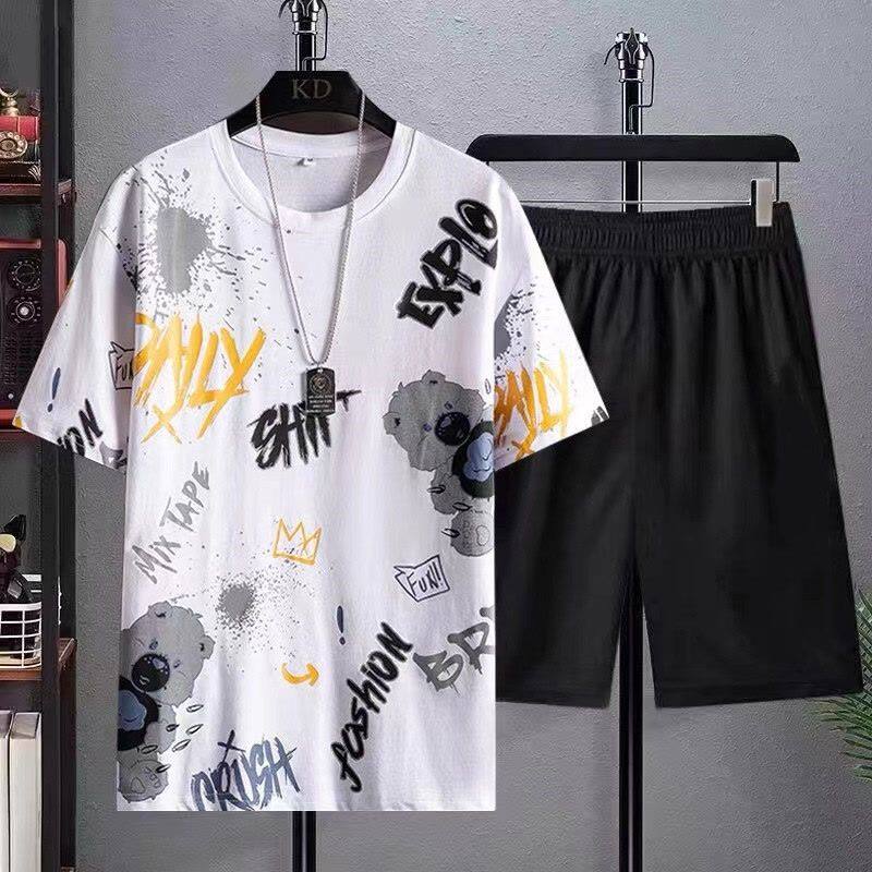 Naimo 2022 Summer Ice Silk Suit Male Mature Handsome Casual Sports Short-sleeved Shorts Running Two-piece Summer