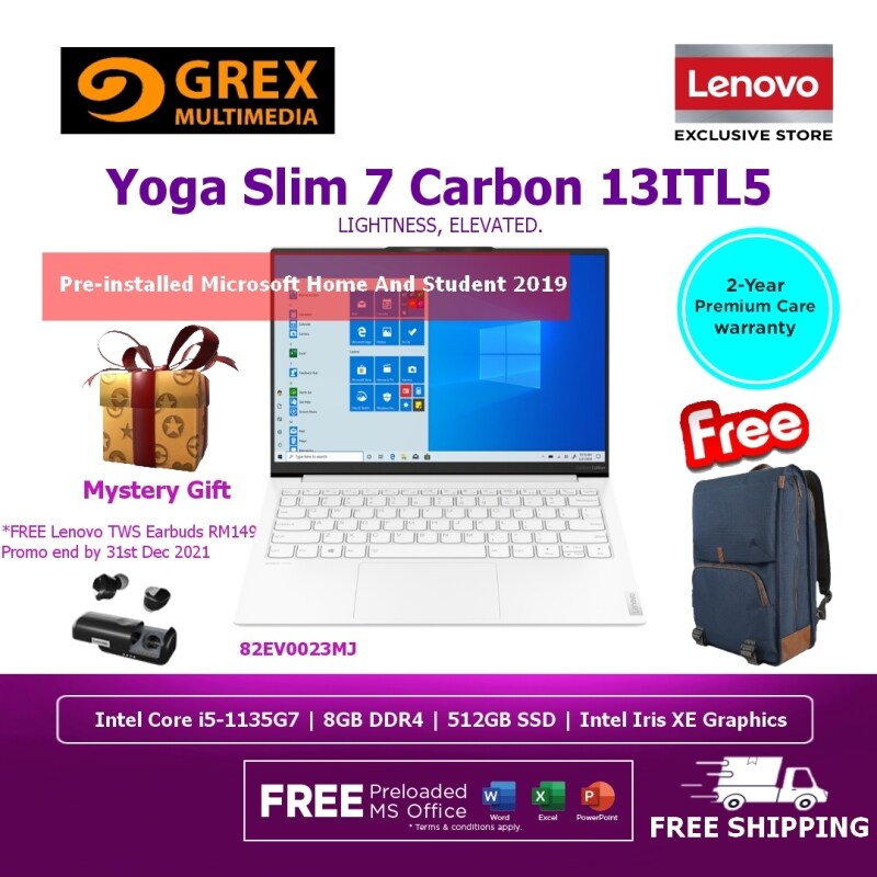LENOVO Yoga Slim 7 Carbon 14 82EV0023MJ Moon White | I5-1135G7 | 8GB DDR4 | 512GB SSD | Intel Iris Xe Graphics | W10H| MS OFFICE H&S| 2 Years Warranty *FREE Lenovo TWS Earbuds RM149 Promo end by 31st Dec 2021 Malaysia