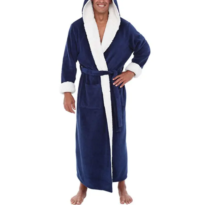 Men Maxi Bathrobe Hooded Autumn Winter Fleece Sleepwear WIth Pockets Long Sleeve