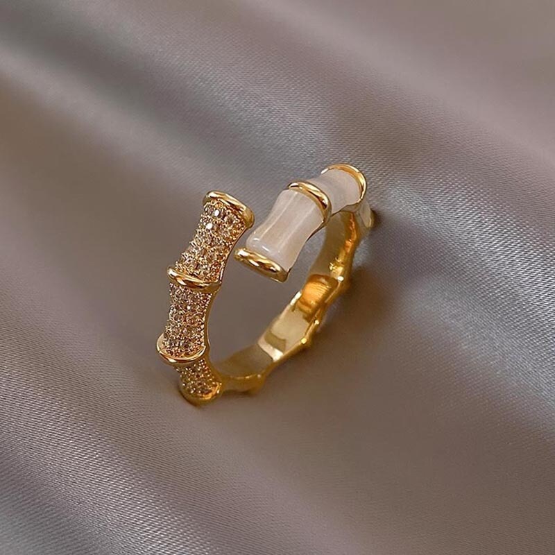 T-B Korean micro inlay zircon bamboo ring women white top fashion and personality adjustable ring for women