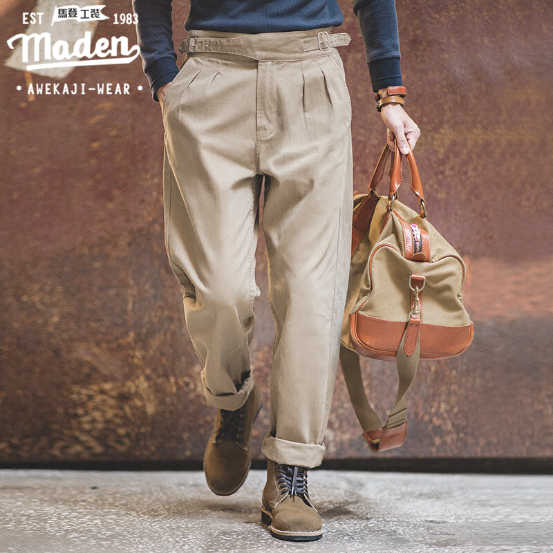 Maden brand Workwear style men young mature gentleman American retro World War II high-waisted Gurga army pants Khaki straight Neapolitan trousers male Gurkha Pants