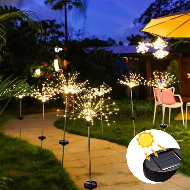 【lightingeverthing】Solar Powered Outdoor Grass Globe Dandelion Fireworks Lamp Flash String 90 /120/150 LED For Garden Lawn Landscape Holiday Light