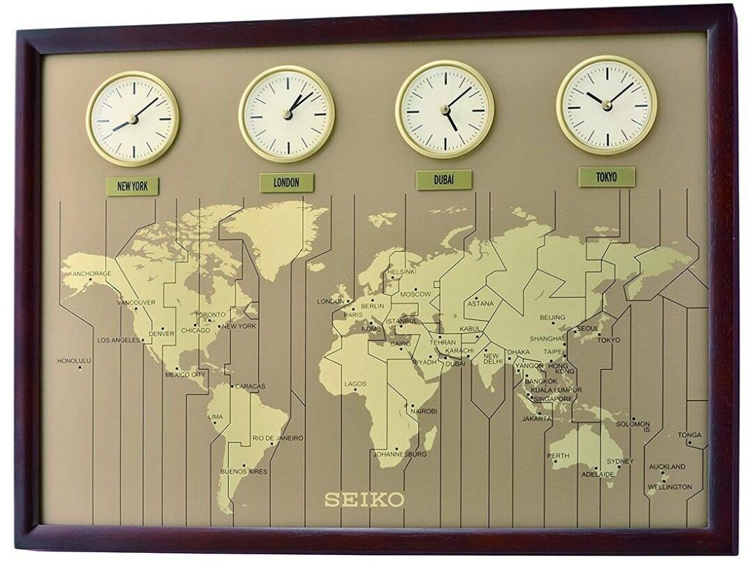 Seiko Clock QXA722B Multi Time Clock World Map World 4 Time Zone Wooden