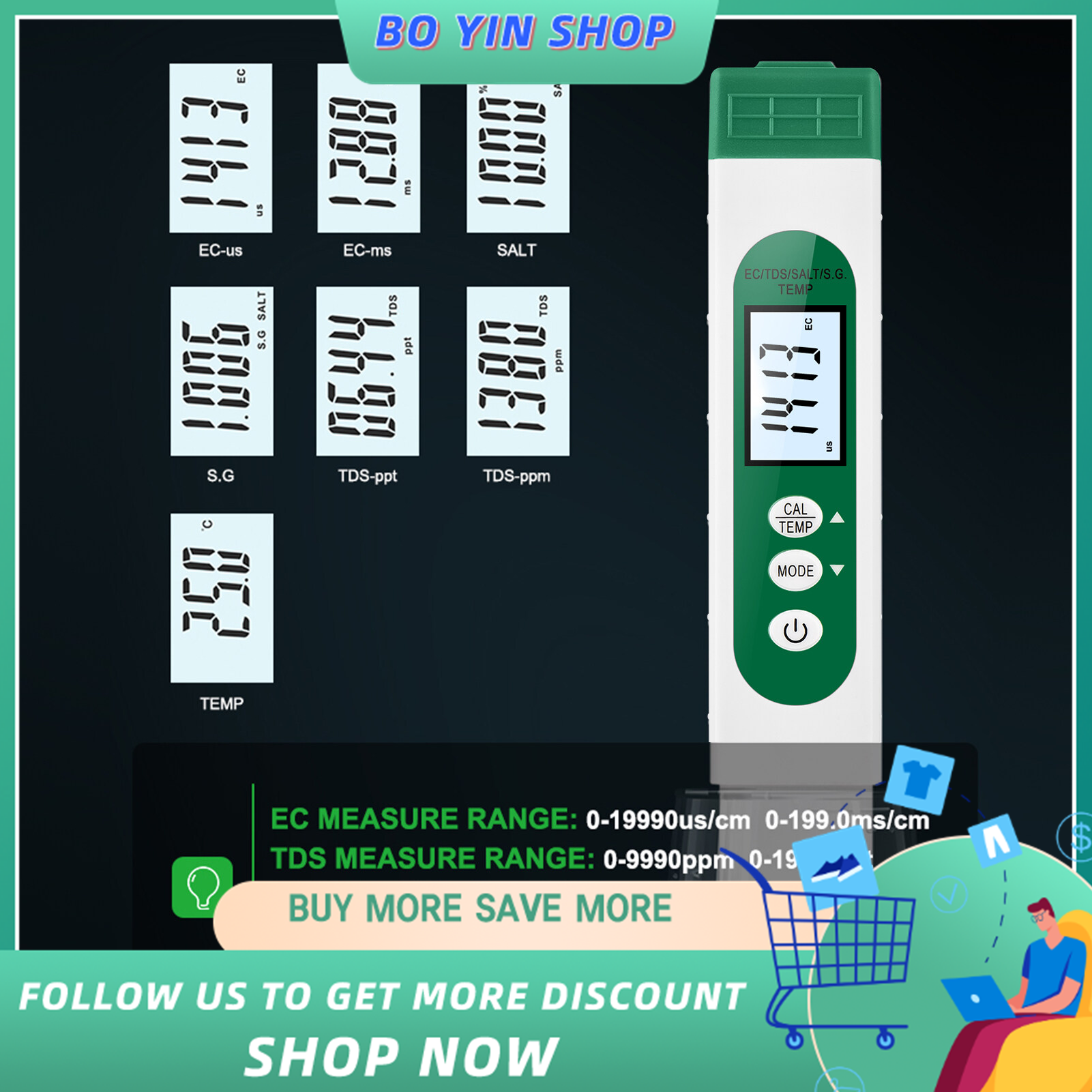 Bo yin 5-in-1 multifunctional water quality analyzer portable pen type ec/tds/s.g/salt/temp test meter water tester lcd digital water quality detector analysis meter for home aquarium swimming pool