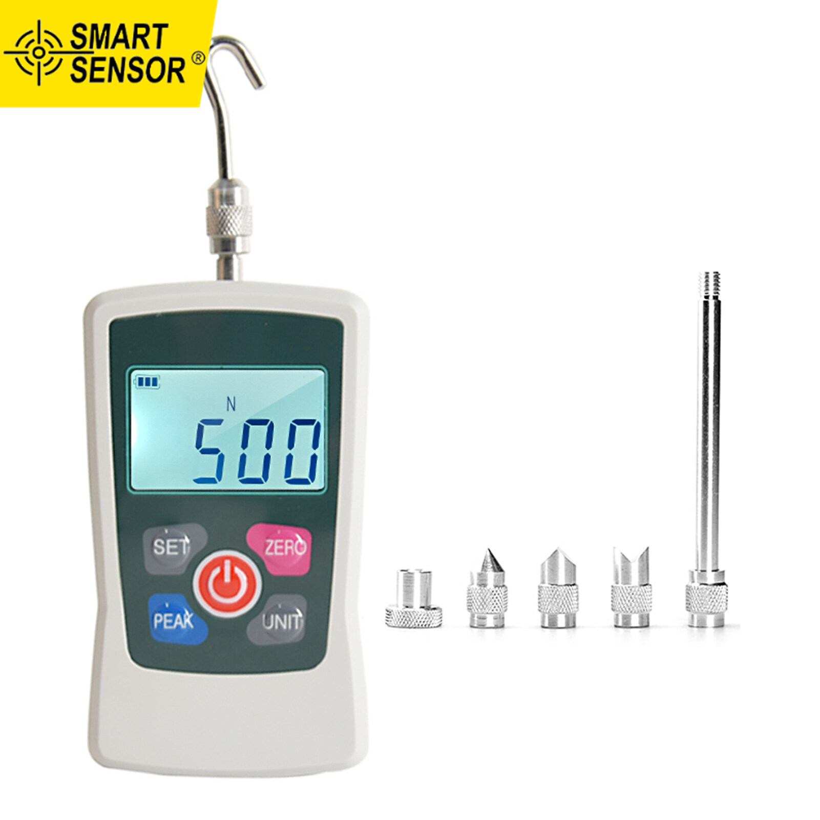 Smart Sensor Digital Force Gauge 500N/ 50kg/ 110Lb/ 1760oz Portable Push Pull Force Meter Unit Switchable Backlit Mini Dynamometer with 6 Fixture Heads, Storage Case, Auto Power off