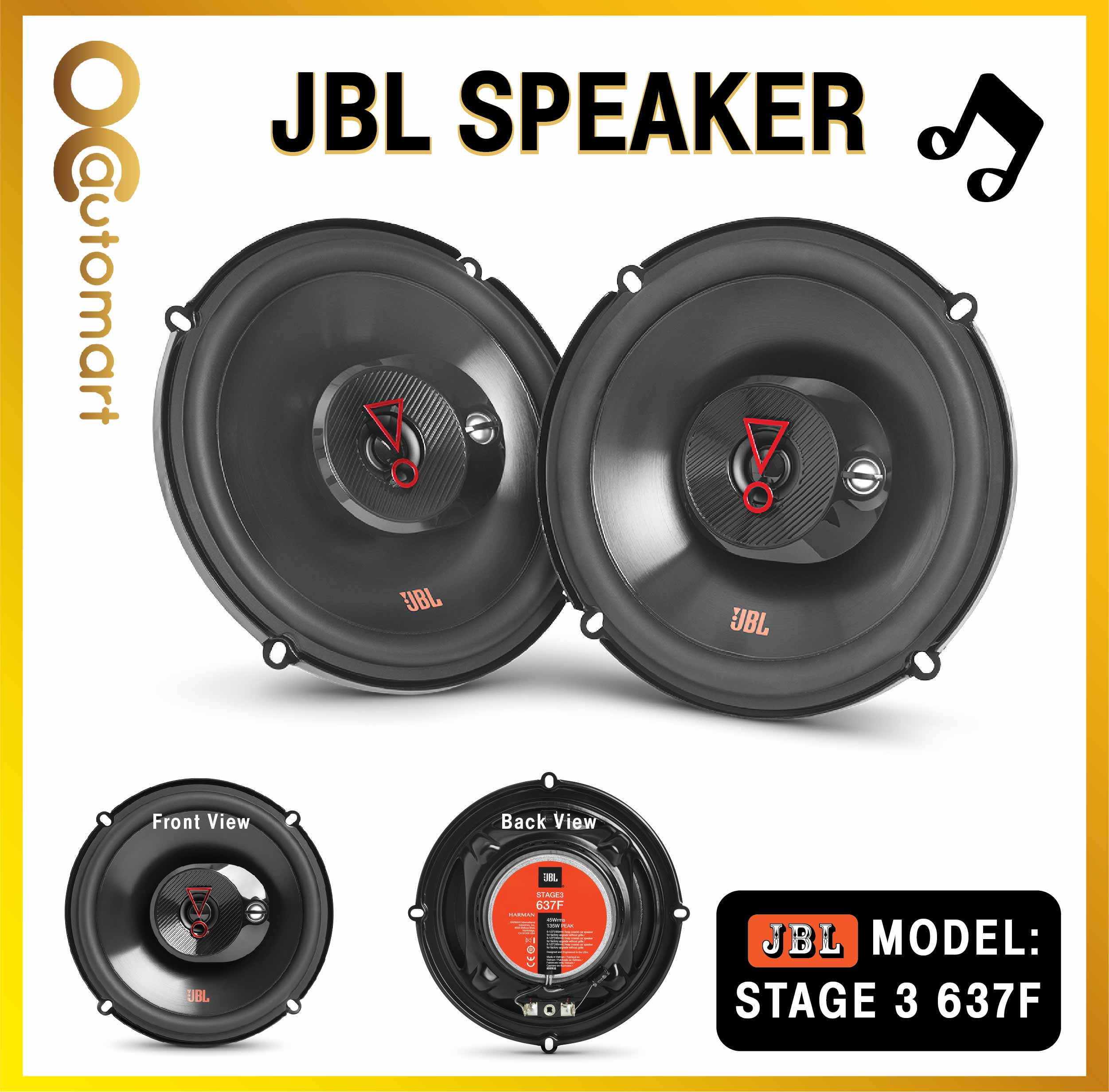 JBL Stage3 3637Fam 6.5" 3-Way Car Speakers – 225W Peak, 45W RMS – Pair