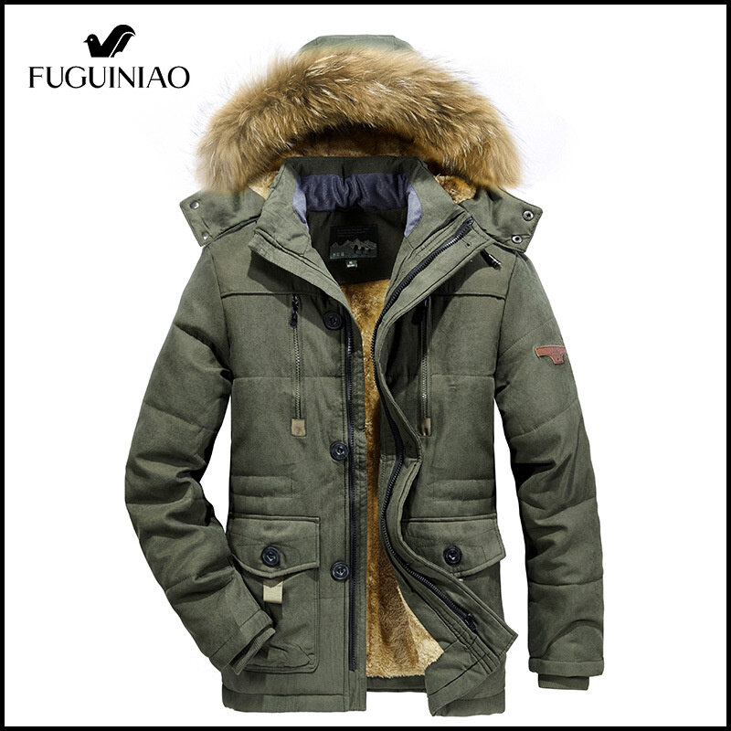 FUGUINIAO New Men's Jacket Mid length Men's Hoodie Windbreaker Plush Thickened Warm Cotton Coat Mid length Jacket