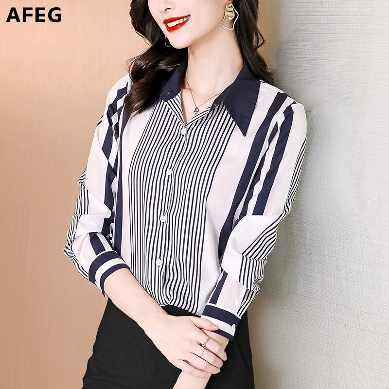 AFEG Korean style long-sleeved blue and white vertical stripes chiffon shirt for women