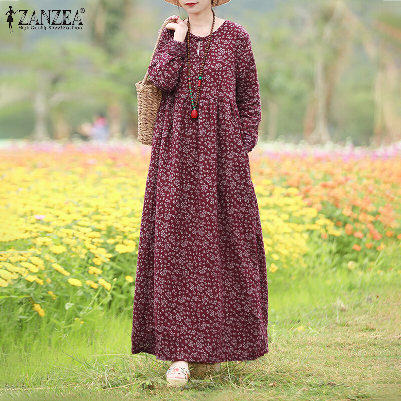 ZANZEA Womens Long Sleeve Printed Floral Cotton Casual Loose Kaftan Baggy Maxi Dress
