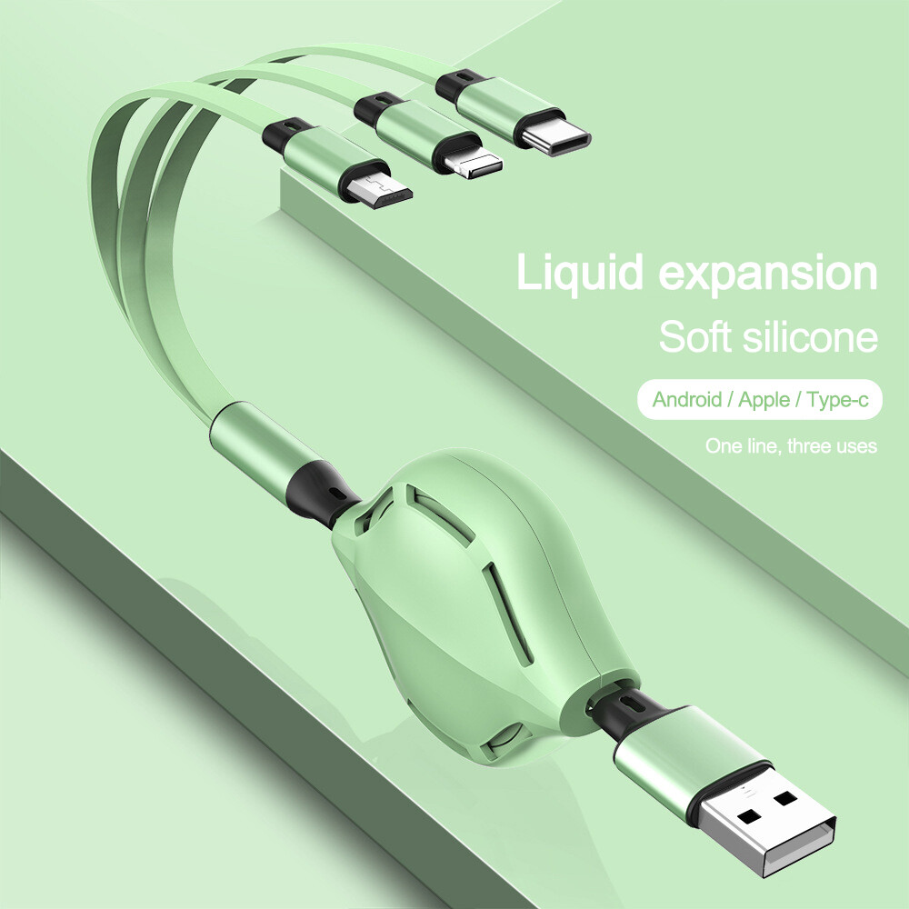 Cáp Sạc Nhanh 3 Trong 1 VAORLO Có Thể Thu Vào, Đầu Micro USB 8 Pin, Chất Lỏng Silicon Lỏng Cho IOS, Android, Huawei, Xiaomi, Oppo, Vivo, iPhone, 11Pro MAX, X XS, Redmi Note8 Pro, K20