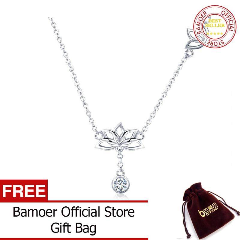 BAMOER Elegant 100% 925 Sterling Silver Lotus Flower Pendant Necklaces for Women Clear Cubic Zircon Necklaces Jewelry BSN012 Dec
