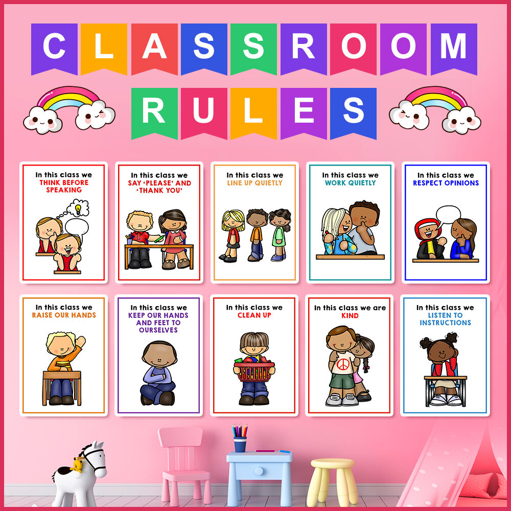 10Pcs/Set Classroom Rules Learn English Flash Cards Wall Decoration ...