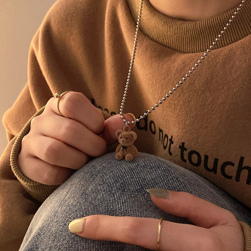 Cartoon Flocking Brown Bear Long Necklace Clavicle Chain Pendant Wear Matching Accessories