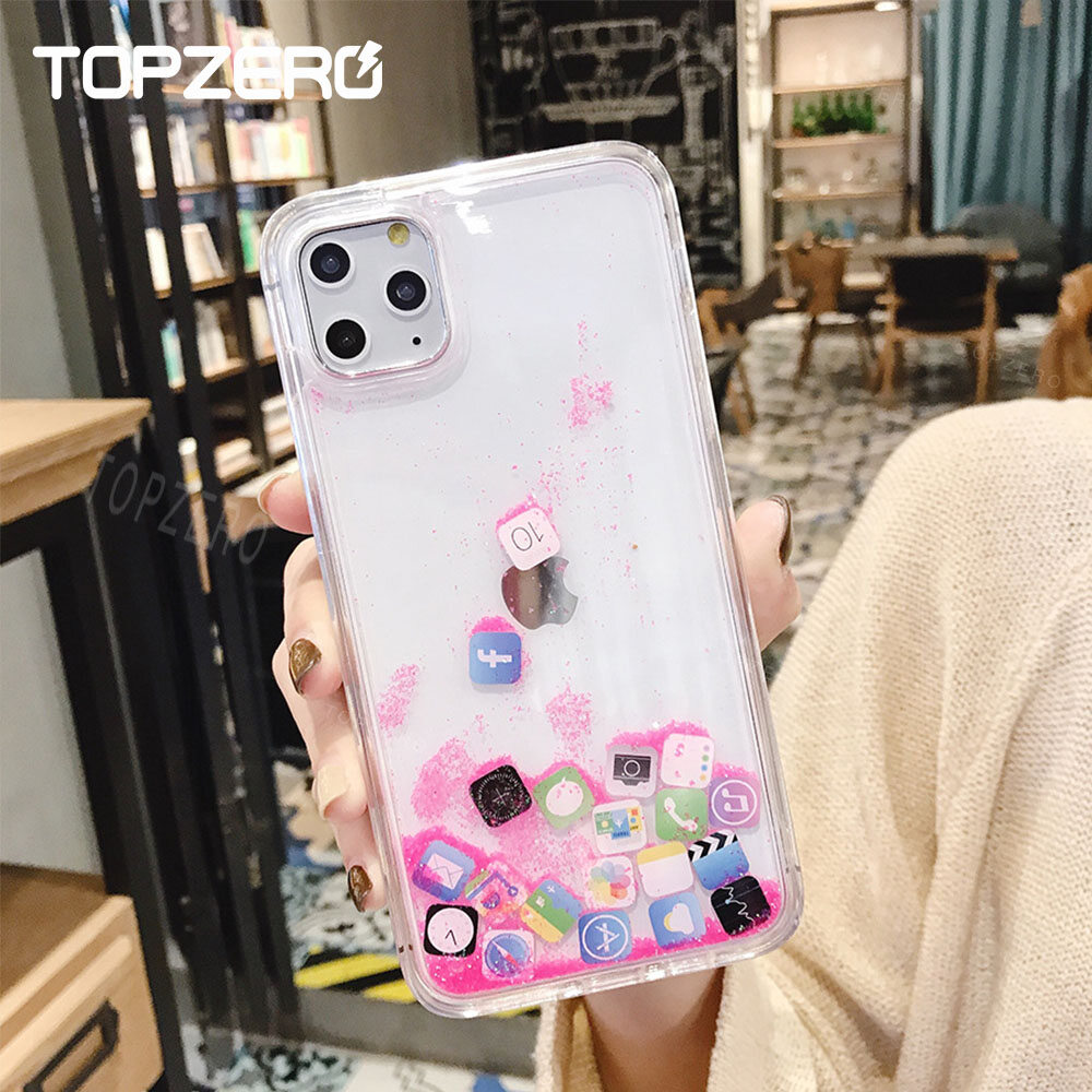 TOPZERO Bling Liquid Glitter For iPhone 13 Pro Max 12 11 Pro Max Phone Case APP icon Quicksand Hard Cover Cases For iPhone 11 Pro iPhone 11 12 13 Mini