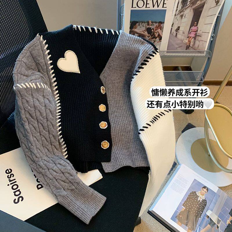 Irregular Love Stitching Knit Cardigan Women Fall 2023 New Vintage Chic Loose Sweater Female Casual Sweater
