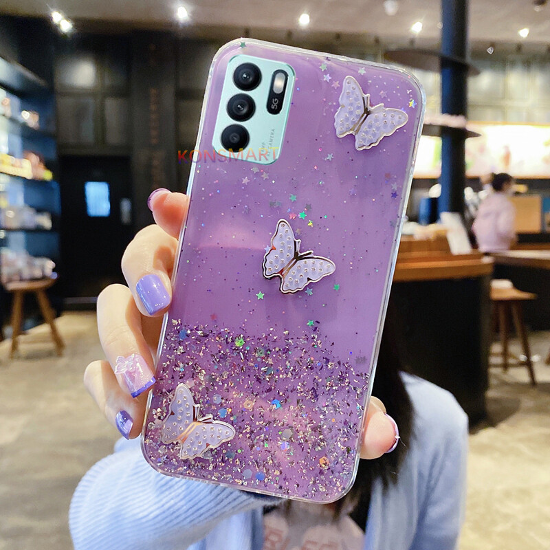 KONSMART Casing OPPO Reno6 5G 4G Reno6 Z 5G 2021 Bling Glitter Star Space With 3D Shinny Butterfly Phone Case For OPPO Reno6 Pro 5G 2021 Soft TPU Flexible Back Cover