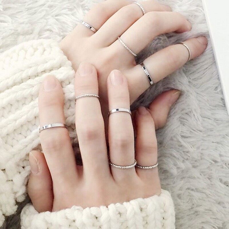 【♡Lovely girls house♡】10Pcs/Set Korean Fashion Retro Gold Silver Pearl Ring Set Simple Elegant Diamond Finger Ring for Women Jewelry Accessories