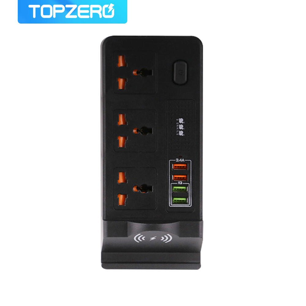 TOPZERO 2500W Universal 3 Outlet Surge Protector 10W wireless Charging QC3.0 IQ USB Port Extension Cord Plug Power Strip Socket For Smartphone Tablets Home Office Hotel