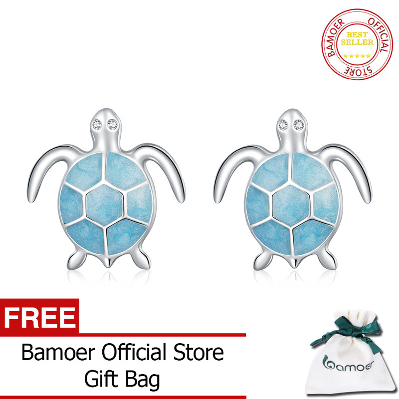 BAMOER Silver Blue Turtle Stud Earrings 100% 925 Sterling Silver Enamel Cartoon Animal Earring for Women Fashion Jewelry SCE1035