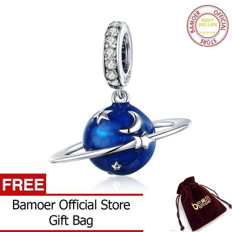 BAMOER 925 Sterling Silver Secret Planet Moon Star Pendant Blue Enamel Charms Fit Charm Bracelets Necklace Silver Jewelry SCC933 Dec